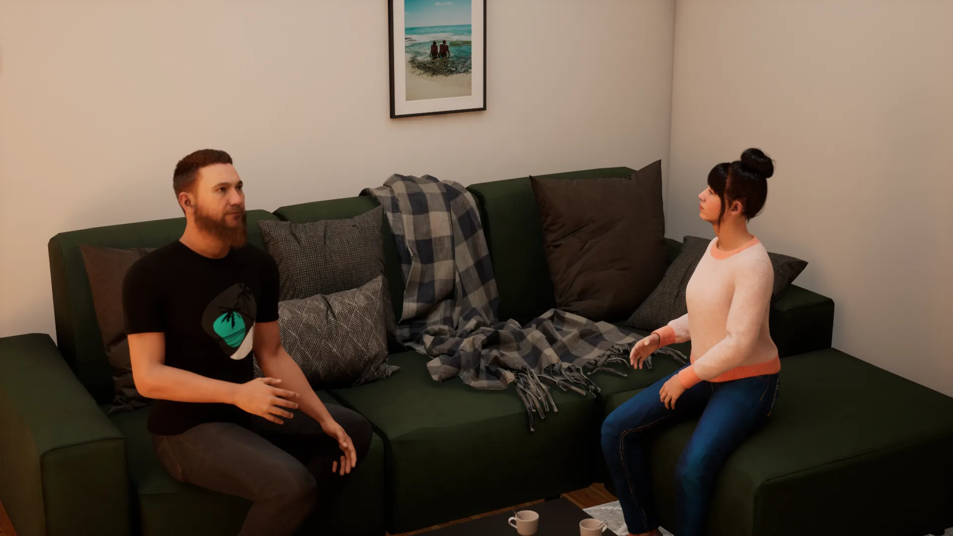 a high resolution render of two vr personas in an interview setting